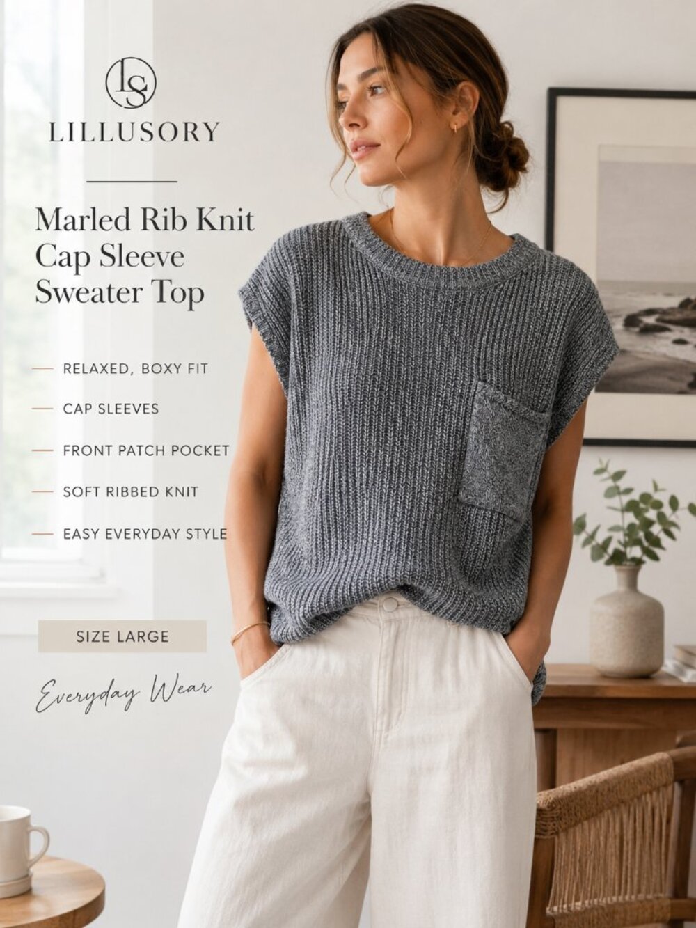 LILLUSORY Marled Rib Knit Cap Sleeve Sweater Pocket Boxy Top Sz L